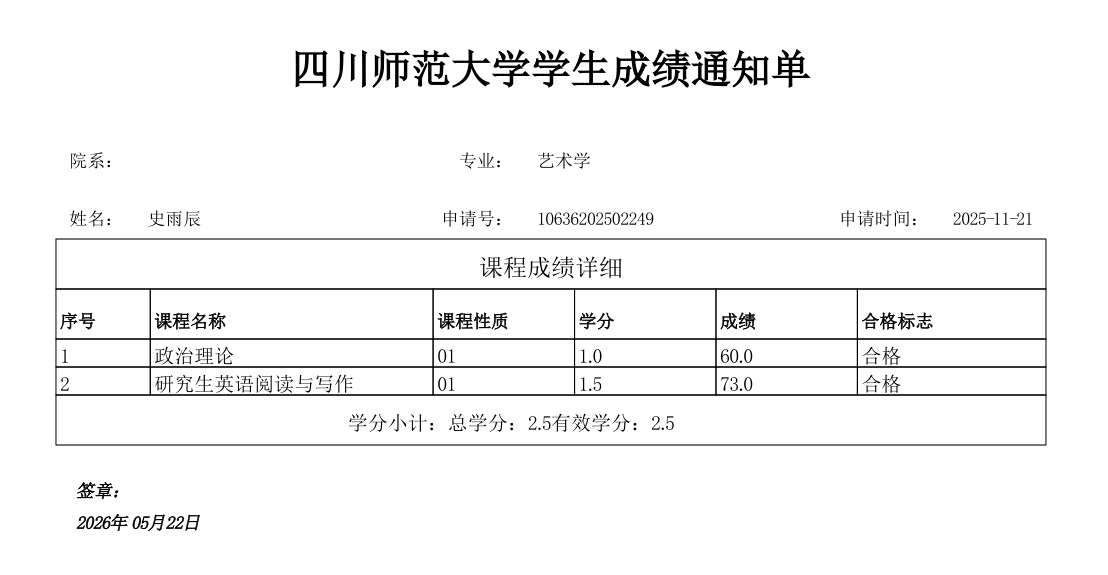 四川师范大学成绩单